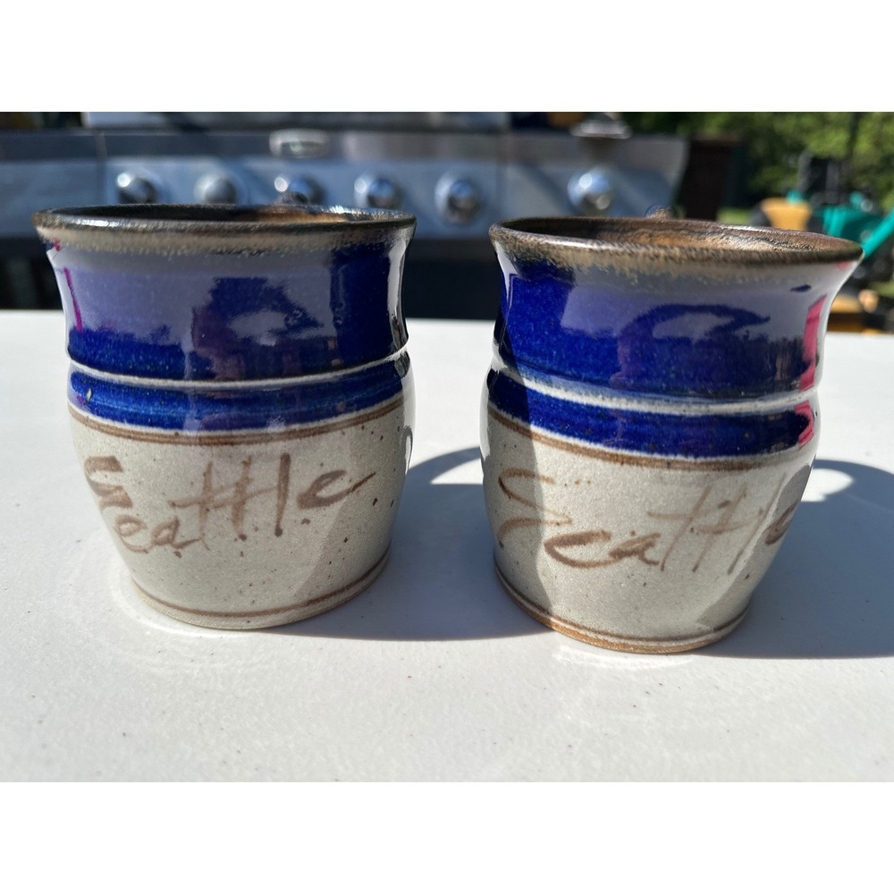 Seattle Studio‎ Pottery Mugs Set of 2 Signed Handcrafted Cobalt Blue Stoneware